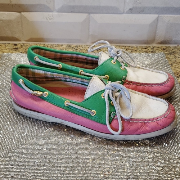 SOLD!!! SPERRY Pink & Green Top Siders - Size 9.5M - Picture 1 of 7